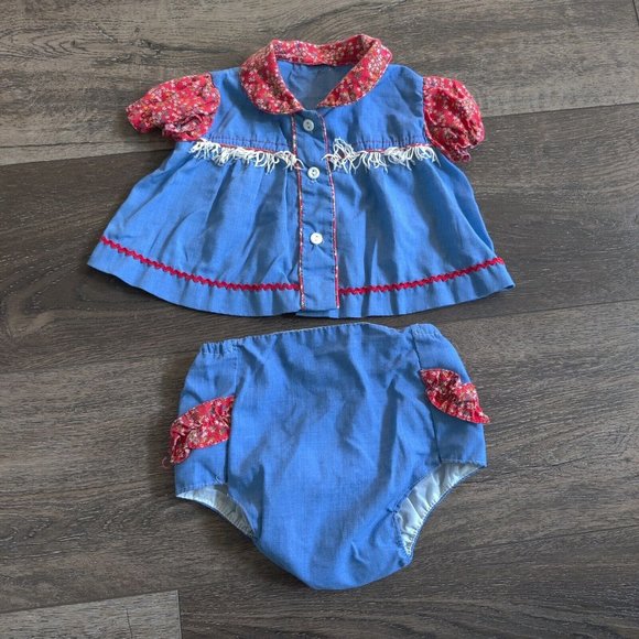 Vintage Baby Girl 2 Piece Outfit Western Styled Fringe Denim Ruffles Floral